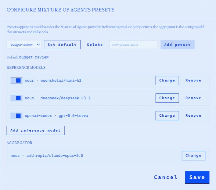 Hermes Configure Mixture of Agents Presets dialog: reference models Kimi K3, DeepSeek V3.2 and GPT-5.6 Terra, with Claude Opus 5.5 as the aggregator